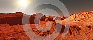 Mars planet landscape, 3d render of imaginary mars planet terrain, orange eroded desert with mountains and glaring sun photo