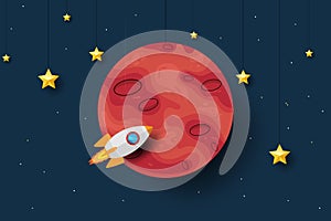 Mars planet with rocket paper art design background. Cute design. Cartoon space background. Vector illustration. EPS 10