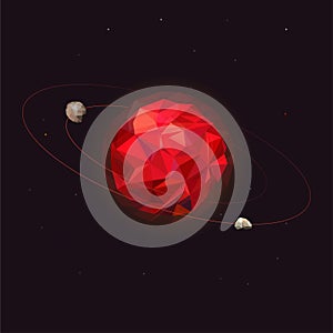 Mars planet of the solar system. Mars with two natural moons - Phobos and Deimos. Outer space of the planet with orbital photo