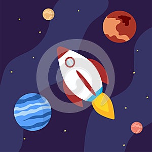 Mars planet vector illustration flat style. Red planet with its Phobox and Deimos moons and starry space