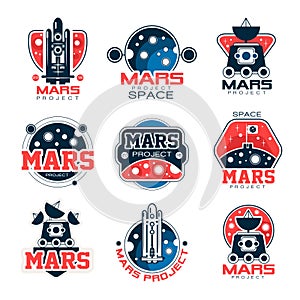 Mars project labels set, Mars colonization program vector Illustrations