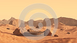 Mars rock group copper, brown and black. Arid landscape mountain range dusty sand dunes platform podium surface rough stone stand.