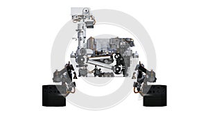 Mars Rover, automated space motor vehicle on white background, front view, 3D illustration