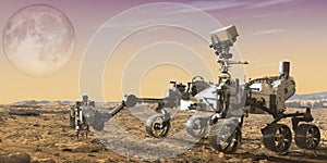 Mars rover with a beautiful planet in the background, exploration of mars. Elements of this image furnished by NASA