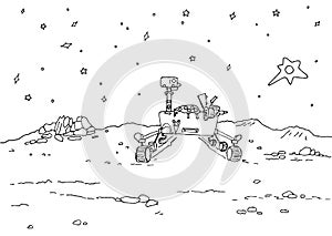 The Mars rover contour illustration - Space colonization, a rover on a distant planet with craters and rocks, starry sky
