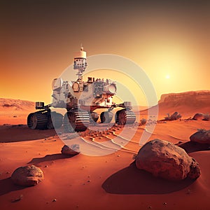 Mars Rover exploring the red soil of planet Mars