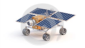 Mars rover with large solar panels and mechanical components isolated on white background