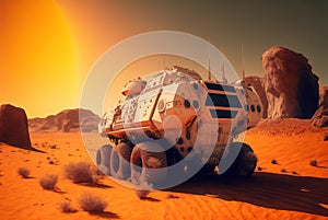 Mars rover during mission, futuristic space vehicle on alien planet surface, generative AI