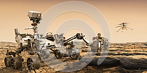 Mars Rover Perseverance and ingenuity helicopter drone.Elements of this image furnished by NASA 3D illustration