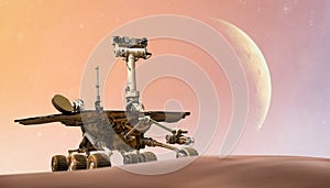 Mars Rover on red planet. Martian expedition. Perseverance, Curiosity, Opportunity Mars Exploration Rover. Elements of this image