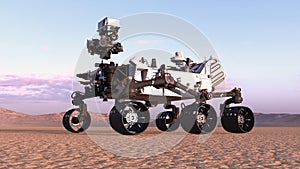Mars Rover, robotic space autonomous vehicle on a deserted planet with hills in background, 3D render