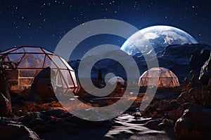 mars simulation habitats exterior under a starry sky