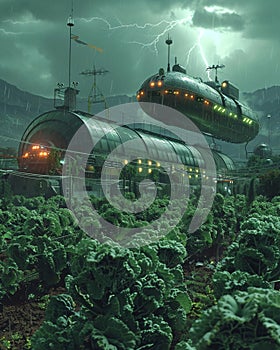 Mars urban farm under a thunderstorm\'s siege, submarine approaching through a hidden black market channel