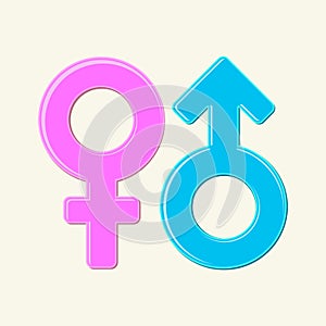 The Mars and Venus symbols. Male and Female signs. Isolated blue and pink gender icons in cartoon style.