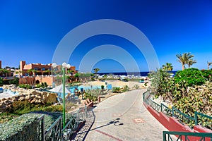 Marsa Alam, Egypt - May 10, 2023: Pool area of the Akassia Swiss Resort by the Red Sea in Marsa Alam, Egypt