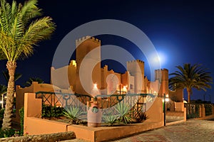 Marsa Alam, Egypt - May 7, 2023: Traditional architecture of the Akassia Swiss Resort in Marsa Alam by the Red Sea in Egypt