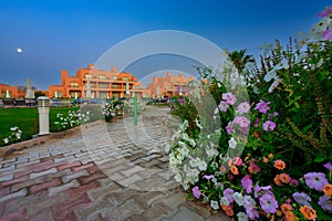 Marsa Alam, Egypt - May 7, 2023: Traditional architecture of the Akassia Swiss Resort in Marsa Alam by the Red Sea in Egypt