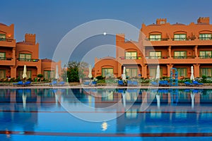 Marsa Alam, Egypt - May 7, 2023: Traditional architecture of the Akassia Swiss Resort in Marsa Alam by the Red Sea in Egypt