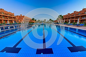 Marsa Alam, Egypt - May 7, 2023: Traditional architecture of the Akassia Swiss Resort in Marsa Alam by the Red Sea in Egypt