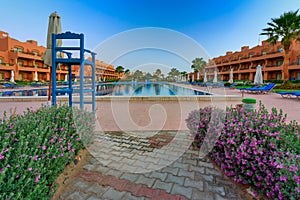 Marsa Alam, Egypt - May 7, 2023: Traditional architecture of the Akassia Swiss Resort in Marsa Alam by the Red Sea in Egypt
