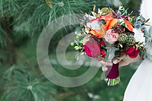 Marsala rustic wedding bouquet with red rose with copy space