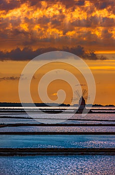 Marsala salt pans at sunset, Sicily, Italy