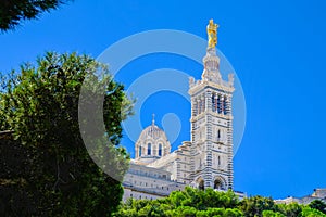 Marseille. Basilica Notre-Dame de la Garde with golden statue. City best-known symbol.