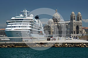 Marseille Cathedral and a cruise ship