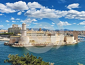 Marseille city skyline at harbour, Marseille, France