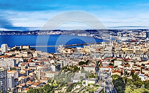 Cityscape Harbors Ships Cathedral Apartment Buildings Marseille France photo
