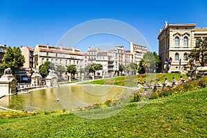 Marseille, France. Cascade fountain and a pond at the bottom of the Palace of Longchamp