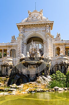 Marseille, France. Cascade fountain and sculpture in the central part of the facade of the Palace of Longchamp, 1869