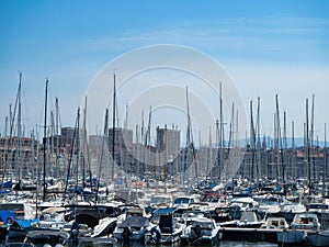 Marseille, France - May 15th 2022: Marina with sailboats in the old harbour