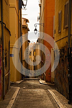 Marseille, France. Panier quarter in the old town. Narrow colorful street.