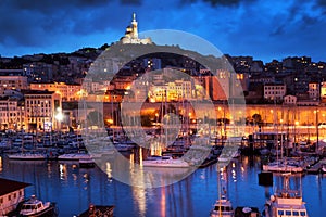 Marseille, France panorama at night.