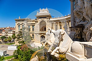 Marseille, France. The sculptures on the facade of the Palace Longchamp and cascading fountain, 1869