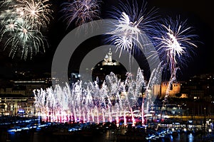 Marseille Harbour Fire Works with Notre Dame de la Garde