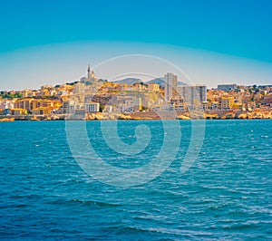 Marseille panorama from Frioul archipelago. Marseille, Provence-Alpes-Cote d`Azur, France.