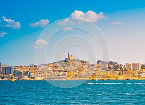 Marseille panorama from Frioul archipelago. Marseille, Provence-Alpes-Cote d`Azur, France.