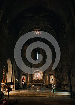 MARSEILLES, FRANCE - JUNE 22, 2016: View of interior of ancient fortified monastery church of Abbey (Abbaye) Saint-Victor, founded