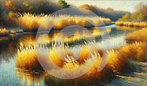 marsh grasses along the riverbanks, turning golden in the fall. Nature Painting