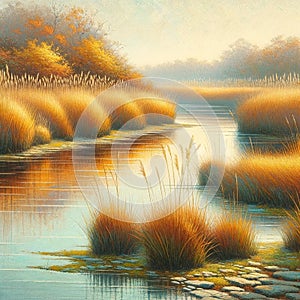 marsh grasses along the riverbanks, turning golden in the fall. Nature Painting