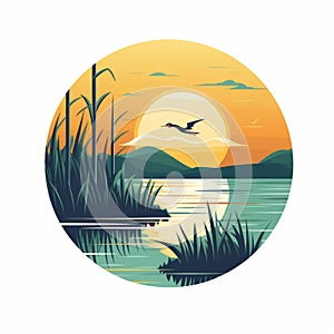 Marsh Inspired Lake, Bird, And Reed Logo Illustration