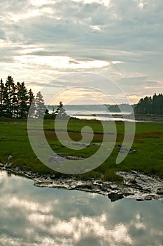 Marsh, lake and forest in lights of sunrise