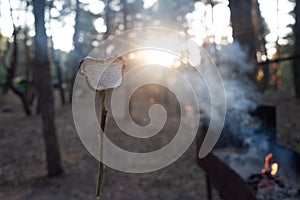 Marsh mellows on wooden skewers toasting over wood flames