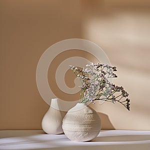 Marsh-rosemary in a white ceramic vase against a beige wall