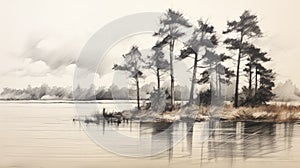Marsh Sketch: Atmospheric Perspective Of Pine Trees By The Water photo