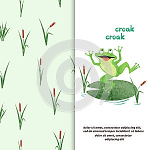 Marsh vector set. Cartoon Frog on lily pad and reeds pattern