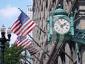 Marshall Field's clock and American Flags