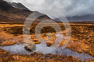 Marshes in the valley near Buachaille Etive Mor in, Glencoe, Scotland